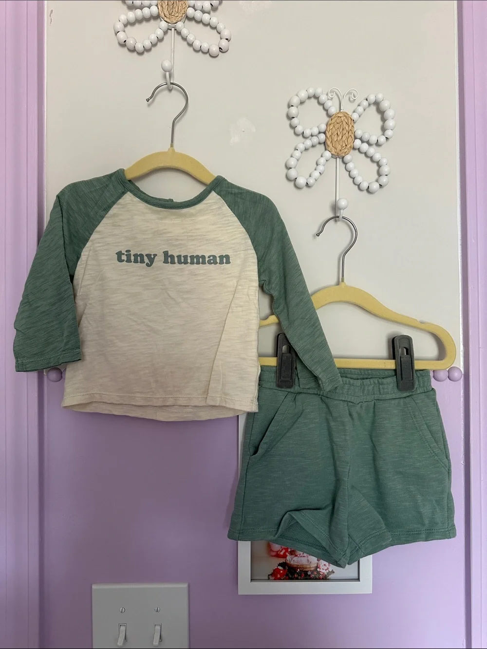 cloud island cream and sage green 'tiny human' Raglan Top